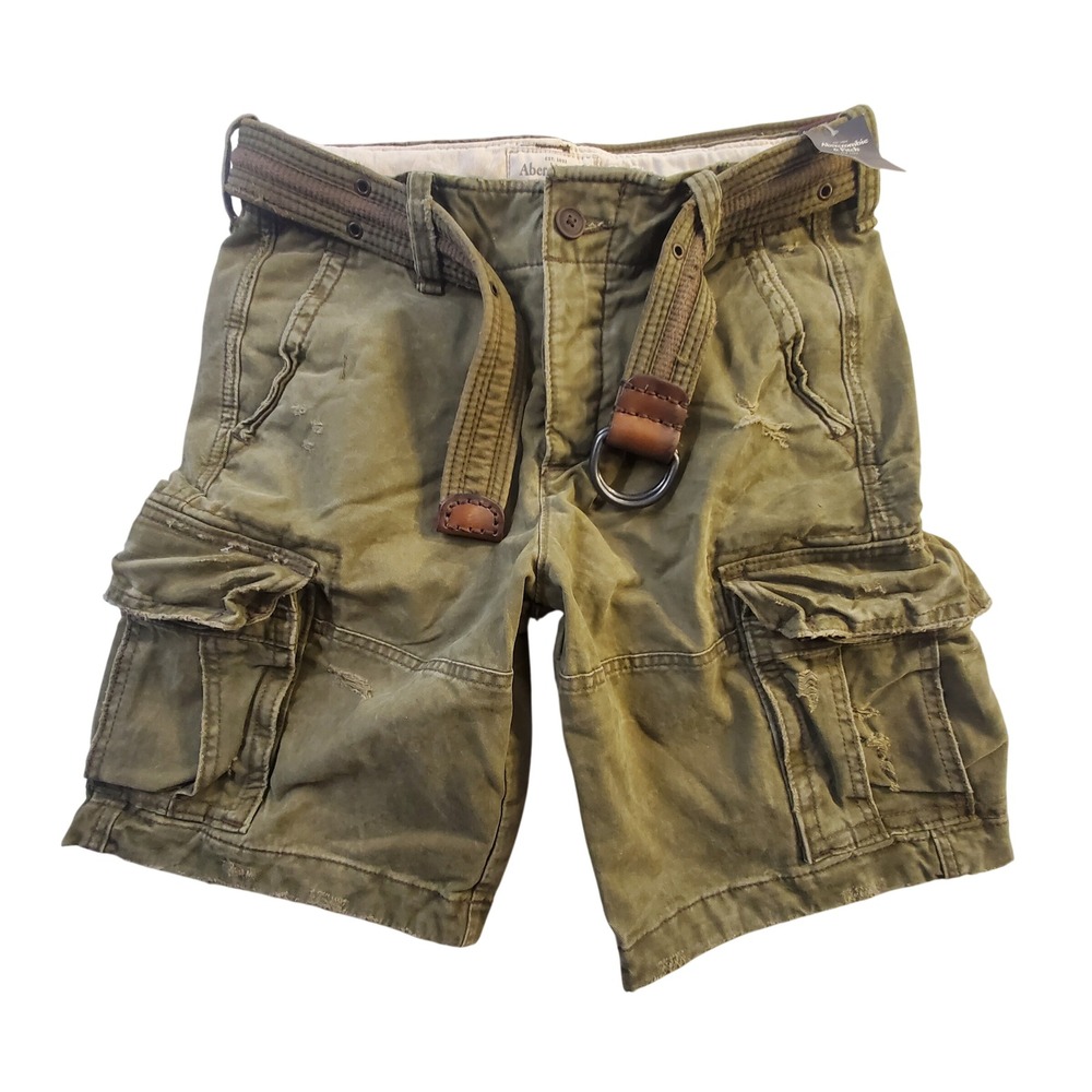 NWT Abercrombie & Fitch Olive Green Distressed Belted Cargo Shorts 30 Heavy Y2K